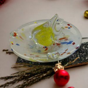 Vtg Hand Blown Art Glass FISH Sculpture Confetti Ashtray Candy Dish Multicolor